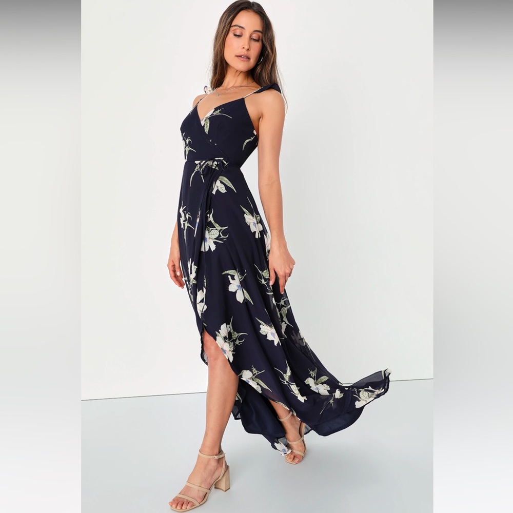 All Mine Navy Blue Floral Print High-Low Wrap Dress